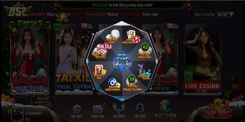 Sảnh chơi mini game B52Club là một không gian tuyệt vời